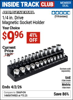 Harbor Freight Coupon U.S. GENERAL 1/4 IN. DRIVE MAGNETIC SOCKET HOLDER Lot No. 59680/59681 Valid: 12/31/69 - 4/2/26 - $9.96