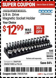 Harbor Freight Coupon U.S. GENERAL 3/8 IN. DRIVE MAGNETIC SOCKET HOLDER Lot No. 59682/59683 Expired: 9/13/26 - $12.99