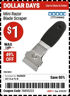 Harbor Freight Coupon MINI RAZOR BLADE SCRAPER Lot No. 98039 Valid Thru: 5/20/26 - $1