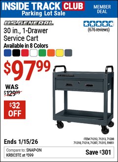 Harbor Freight ITC Coupon U.S. GENERAL 30 IN., 1-DRAWER SERVICE CART, SLATE GRAY Lot No. 59851/71207/71208/71210/71212/71213/71214/71215 Expired: 1/15/26 - $97.99