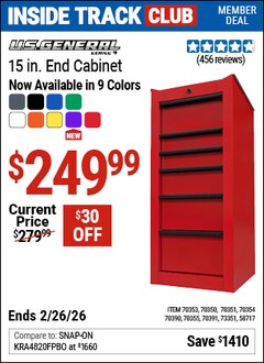 Harbor Freight Coupon U.S. GENERAL 15 IN. END CABINET, SERIES 3 Lot No. 70353/58717/70350/70351/70354/70355/70391/70390 Valid: 12/31/69 - 2/26/26 - $249.99