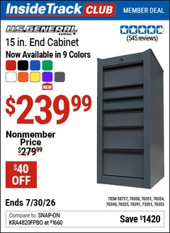 Harbor Freight ITC Coupon U.S. GENERAL 15 IN. END CABINET, SERIES 3 Lot No. 70353/58717/70350/70351/70354/70355/70391/70390 Valid Thru: 7/30/26 - $239.99