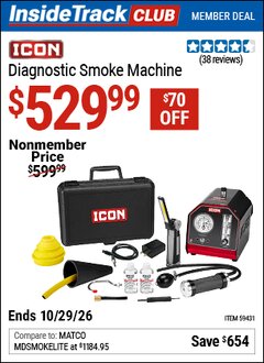 Harbor Freight ITC Coupon ICON DIAGNOSTIC SMOKE MACHINE Lot No. 59431 Valid Thru: 10/29/26 - $529.99