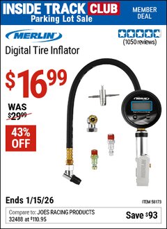 Harbor Freight ITC Coupon MERLIN DIGITAL TIRE INFLATOR Lot No. 58173 Expired: 1/15/26 - $16.99