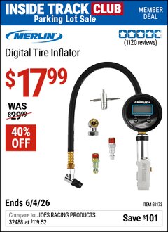 Harbor Freight ITC Coupon MERLIN DIGITAL TIRE INFLATOR Lot No. 58173 Expired: 6/4/26 - $17.99