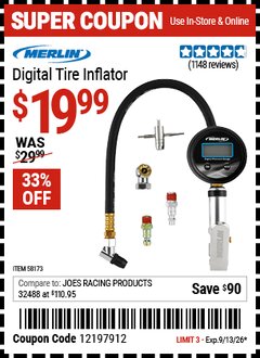 Harbor Freight Coupon MERLIN DIGITAL TIRE INFLATOR Lot No. 58173 Expired: 9/13/26 - $19.99