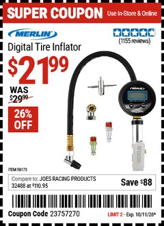 Harbor Freight Coupon MERLIN DIGITAL TIRE INFLATOR Lot No. 58173 EXPIRES: 10/11/26 - $21.99