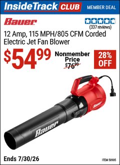 Harbor Freight ITC Coupon BAUER 12 AMP, 115 MPH/805 CFM ELECTRIC JET FAN BLOWER Lot No. 58905 Valid Thru: 7/30/26 - $54.99