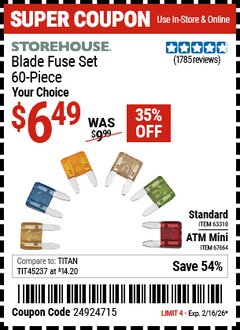 Harbor Freight Coupon STOREHOUSE BLADE FUSE SET, 60-PIECE Lot No. 63310/67664 Valid Thru: 2/16/26 - $6.49