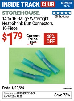 Harbor Freight ITC Coupon STOREHOUSE 14 TO 16 GAUGE WATERTIGHT HEAT-SHRINK BUTT CONNECTORS, 10-PIECE Lot No. 66596 Valid Thru: 1/29/26 - $1.79