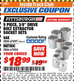 Harbor Freight ITC Coupon 9 PIECE 3/8" DRIVE BOLT EXTRACTOR SOCKET SETS Lot No. 67897/67894 Expired: 9/30/18 - $18.99