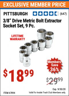 Harbor Freight ITC Coupon 9 PIECE 3/8" DRIVE BOLT EXTRACTOR SOCKET SETS Lot No. 67897/67894 Expired: 9/30/20 - $18.99