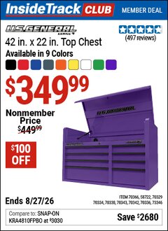 Harbor Freight ITC Coupon U.S. GENERAL 42 IN. X 22 IN. TOP CHEST, SERIES 3 Lot No. 70336/58722/70366/70329/70338/70343/70342/70334 Valid Thru: 8/27/26 - $349.99