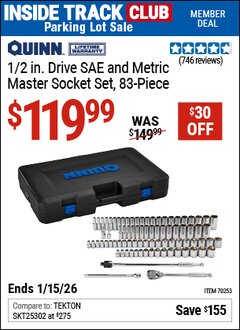 Harbor Freight ITC Coupon QUINN 1/2 IN. DRIVE SAE AND METRIC MASTER SOCKET SET, 83-PIECE Lot No. 70253 Expired: 1/15/26 - $119.99