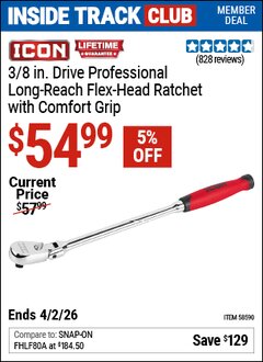 Harbor Freight ITC Coupon ICON 3/8 IN. DRIVE PROFESSIONAL LONG-REACH FLEX-HEAD RATCHET WITH COMFORT GRIP Lot No. 58590 Expired: 3/2/26 - $54.99