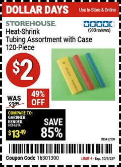 Harbor Freight Coupon STOREHOUSE HEAT-SHRINK TUBING ASSORTMENT WITH CASE, 120-PIECE Lot No. 67530 Expired: 10/9/24 - $2