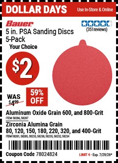 Harbor Freight Coupon BAUER 5 IN. PSA SANDING DISCS WITH ZIRCONIA ALUMINA GRAIN, 5-PACK Lot No. 58230/58232/58234/58235/58281/58285/58286/58287 Expired: 7/29/26 - $2