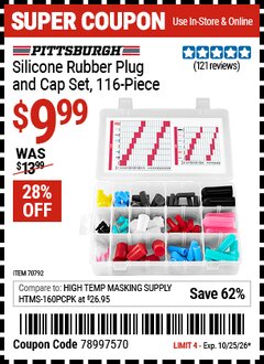 Harbor Freight Coupon PITTSBURGH SILICONE RUBBER PLUG AND CAP SET, 116-PIECE Lot No. 70792 Valid Thru: 10/25/26 - $9.99