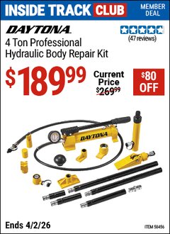 Harbor Freight Coupon DAYTONA 4 TON PROFESSIONAL HYDRAULIC BODY REPAIR KIT Lot No. 58456 Valid: 12/31/69 - 4/2/26 - $189.99
