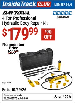 Harbor Freight ITC Coupon DAYTONA 4 TON PROFESSIONAL HYDRAULIC BODY REPAIR KIT Lot No. 58456 Valid Thru: 10/29/26 - $179.99