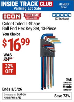 Harbor Freight ITC Coupon ICON SAE COLOR-CODED L-SHAPE BALL END HEX KEY SET, 13-PIECE Lot No. 57926/57927 Expired: 3/5/26 - $16.99