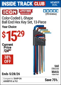 Harbor Freight Coupon ICON COLOR-CODED L-SHAPE BALL END HEX KEY SET, 13-PIECE Lot No. 57927/57926 Valid: 12/31/69 - 5/28/26 - $15.29