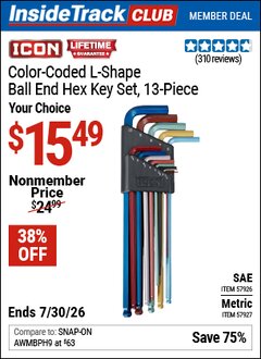 Harbor Freight ITC Coupon ICON COLOR-CODED L-SHAPE BALL END HEX KEY SET, 13-PIECE Lot No. 57927/57926 Valid Thru: 7/30/26 - $15.49