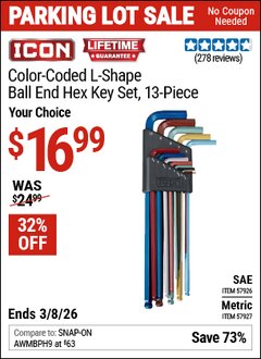 Harbor Freight Coupon ICON SAE COLOR-CODED L-SHAPE BALL END HEX KEY SET, 13-PIECE Lot No. 57926/57927 Expired: 3/8/26 - $16.99
