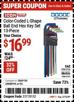 Harbor Freight Coupon ICON SAE COLOR-CODED L-SHAPE BALL END HEX KEY SET, 13-PIECE Lot No. 57926/57927 Expired: 3/15/26 - $16.99