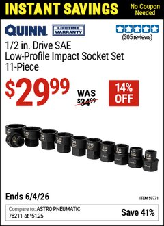 Harbor Freight Coupon QUINN 1/2 IN. DRIVE SAE LOW-PROFILE IMPACT SOCKET SET, 11-PIECE Lot No. 59771 Valid Thru: 6/4/26 - $29.99