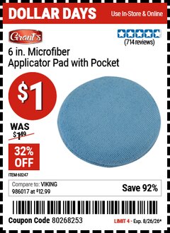 Harbor Freight Coupon HFT 6 IN. MICROFIBER APPLICATOR PAD WITH POCKET Lot No. 60247 EXPIRES: 8/26/26 - $1