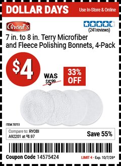 Harbor Freight Coupon GRANT'S 7 IN. TO 8 IN. TERRY MICROFIBER AND FLEECE POLISHING BONNETS, 4-PACK Lot No. 70751 Valid Thru: 10/7/26 - $4