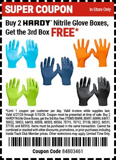 Harbor Freight FREE Coupon HARDY 7 MIL TEXTURED GRIP NITRILE POWDER-FREE GLOVES, 50-PACK, ORANGE Lot No. 70711/70712 Expired: 5/10/26 - FWP