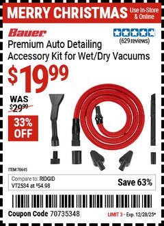 Harbor Freight Coupon BAUER PREMIUM AUTO DETAILING ACCESSORY KIT FOR WET/DRY VACUUMS Lot No. 70645 Expired: 12/28/25 - $19.99