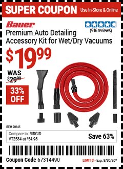 Harbor Freight Coupon BAUER PREMIUM AUTO DETAILING ACCESSORY KIT FOR WET/DRY VACUUMS Lot No. 70645 Valid Thru: 8/30/26 - $19.99