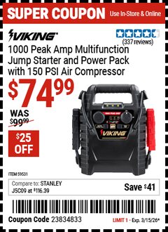 Harbor Freight Coupon VIKING 1000 PEAK AMP MULTIFUNCTION JUMP STARTER AND POWER PACK WITH 150 PSI AIR COMPRESSOR Lot No. 59531 Expired: 3/15/26 - $74.99