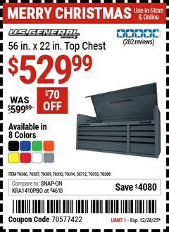 Harbor Freight Coupon U.S. GENERAL 56 IN. X 22 IN. TOP CHEST, SERIES 3 Lot No. 58712/70386/70387/70388/70389/70392/70393/70394 Expired: 12/28/25 - $529.99