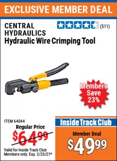 Harbor Freight ITC Coupon HYDRAULIC WIRE CRIMPING TOOL Lot No. 66150/64044 Expired: 2/1/21 - $49.99
