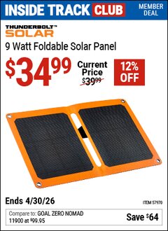 Harbor Freight ITC Coupon THUNDERBOLT SOLAR 9 WATT FOLDABLE SOLAR PANEL Lot No. 57970 Valid Thru: 4/30/26 - $34.99