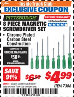 Harbor Freight ITC Coupon 8 PIECE MAGNETIC SCREWDRIVER SET Lot No. 7386 Expired: 6/30/20 - $4.99