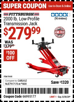 Harbor Freight Coupon PITTSBURGH 2000 LB. LOW-PROFILE TRANSMISSION JACK Lot No. 70185 Valid Thru: 8/30/26 - $279.99