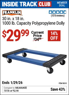 Harbor Freight ITC Coupon FRANKLIN 30 IN. X 18 IN., 1000 LB. CAPACITY POLYPROPYLENE DOLLY Lot No. 58315 Valid Thru: 1/29/26 - $29.99