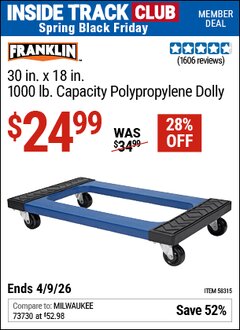 Harbor Freight ITC Coupon FRANKLIN 30 IN. X 18 IN., 1000 LB. CAPACITY POLYPROPYLENE DOLLY Lot No. 58315 Expired: 4/9/26 - $24.99