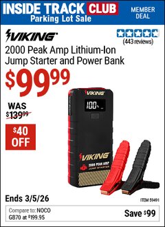 Harbor Freight ITC Coupon VIKING 2000 PEAK AMP LITHIUM-ION JUMP STARTER AND POWER BANK Lot No. 59491 Expired: 3/5/26 - $99.99
