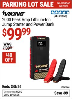 Harbor Freight Coupon VIKING 2000 PEAK AMP LITHIUM-ION JUMP STARTER AND POWER BANK Lot No. 59491 Expired: 3/8/26 - $99.99