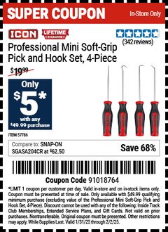 Harbor Freight Coupon ICON PROFESSIONAL MINI SOFT-GRIP PICK AND HOOK SET, 4-PIECE Lot No. 57786 Expired: 2/2/25 - $0.05