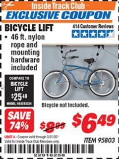 Harbor Freight ITC Coupon BICYCLE LIFT Lot No. 95803 Expired: 3/31/20 - $6.49