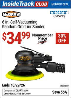 Harbor Freight ITC Coupon MCGRAW 6 IN. SELF-VACUUMING RANDOM ORBIT AIR SANDER Lot No. 58719 Valid Thru: 10/29/26 - $34.99