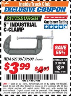 Harbor Freight ITC Coupon 5" INDUSTRIAL C-CLAMP Lot No. 62138/39609 Expired: 6/30/18 - $3.99