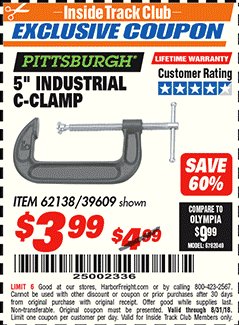 Harbor Freight ITC Coupon 5" INDUSTRIAL C-CLAMP Lot No. 62138/39609 Expired: 8/31/18 - $3.99